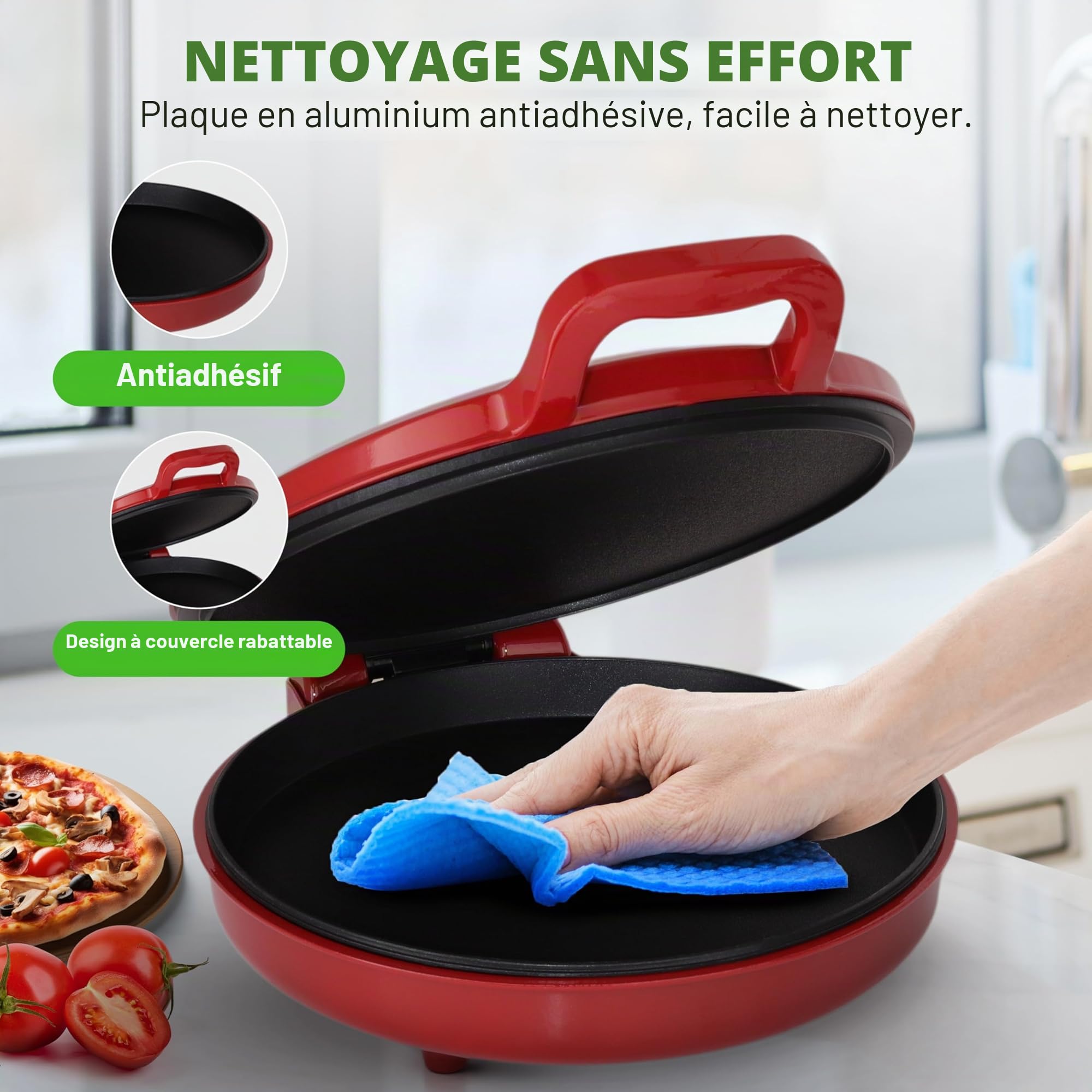 NutriChef Four à Pizza Électrique 1500W - Appareil de Cuisson Antiadhésif Ø30 cm - Idéal pour Pizza Maison, Pain Grillé, Œufs, Crêpes & Plus - Compact, Poignées Froides, Température 80-200°C - Rouge