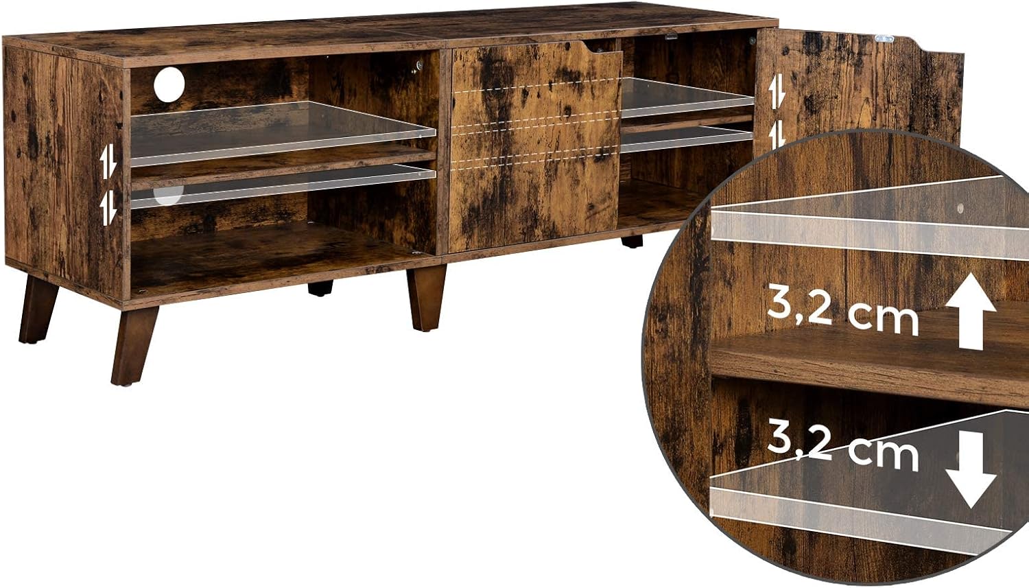 Diagram showing the adjustable shelves inside the cabinet, with arrows indicating vertical movement.