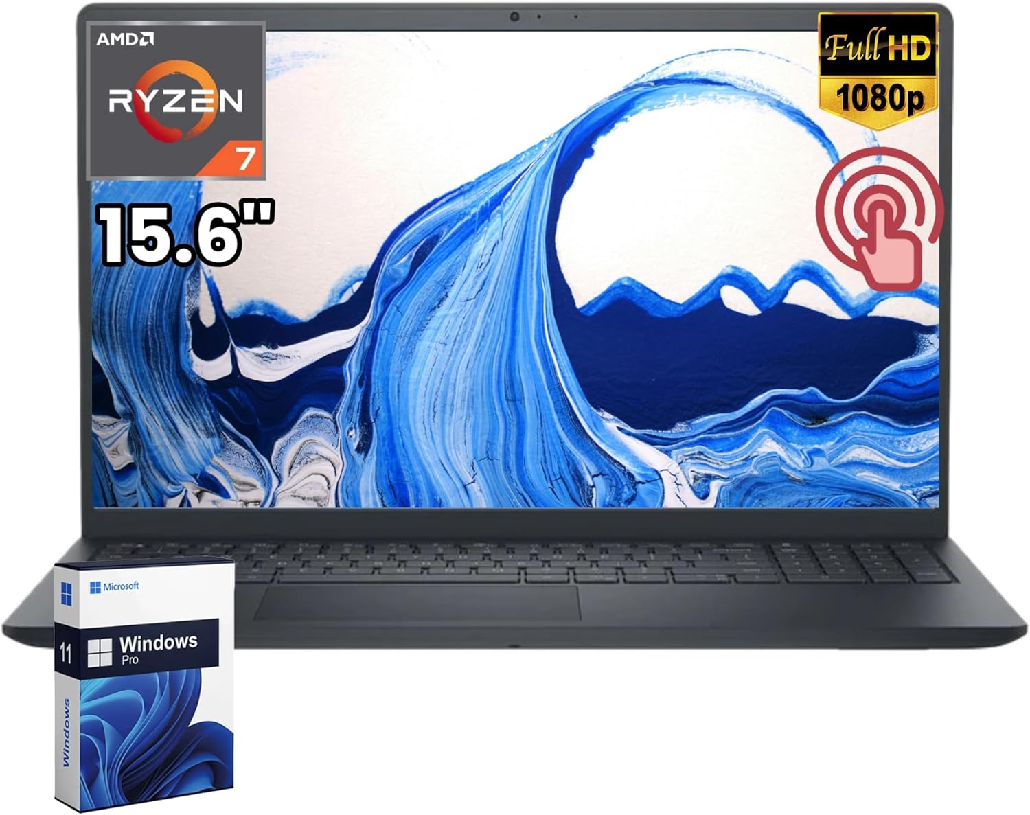 Dell 15 Touchscreen Laptop Computer, AMD Ryzen 7 7730U (8 Cores), 16GB DDR4-3200MHz, 512GB SSD, 15.6" FHD Touch Display, Radeon Graphics, Lifetime Windows 11 Pro for Business & Students, HD Webcam