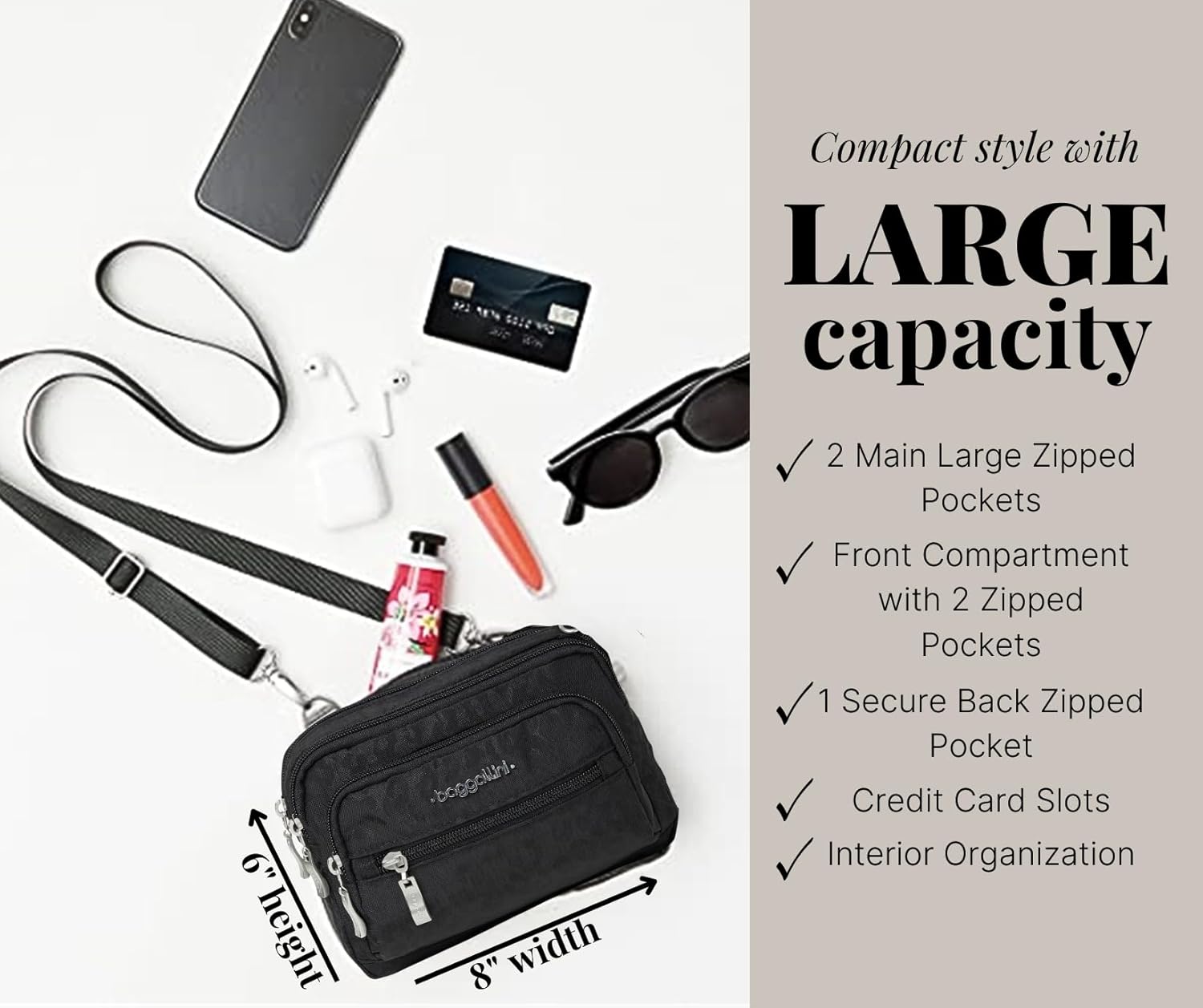 Baggallini Triple Zip Small Crossbody Bag for Women - 8x6 Lightweight Convertible Fanny Pack Belt Bag - Image 3