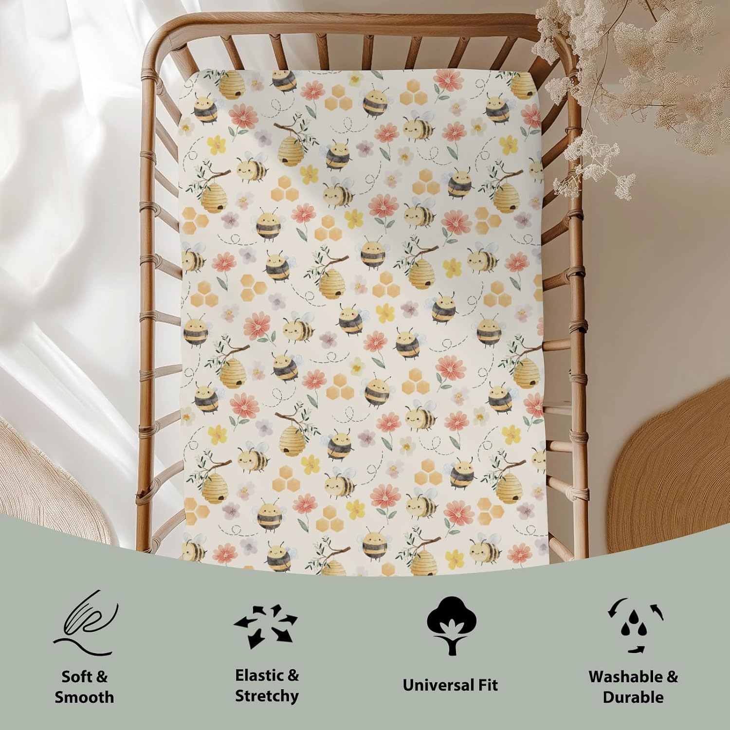 Pastel Bee Floral Baby Crib Sheets for Boy Girl 52x28Inch Vintage Bees Honeycomb Flowers Soft Snug Fitted Crib Mattress Covers Summer Spring Garden Baby Sheet for Standard Crib & Toddler Mattress