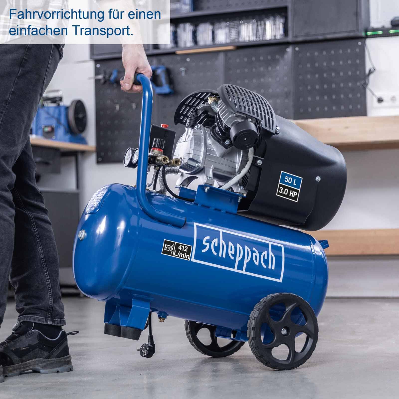 Scheppach Druckluft Kompressor HC53DC | 2200W Leistung | 50L Kessel | 10bar Druck | Ansaugleistung 412 L/min | Druckminderer, ölgeschmiert, Doppelzylinder