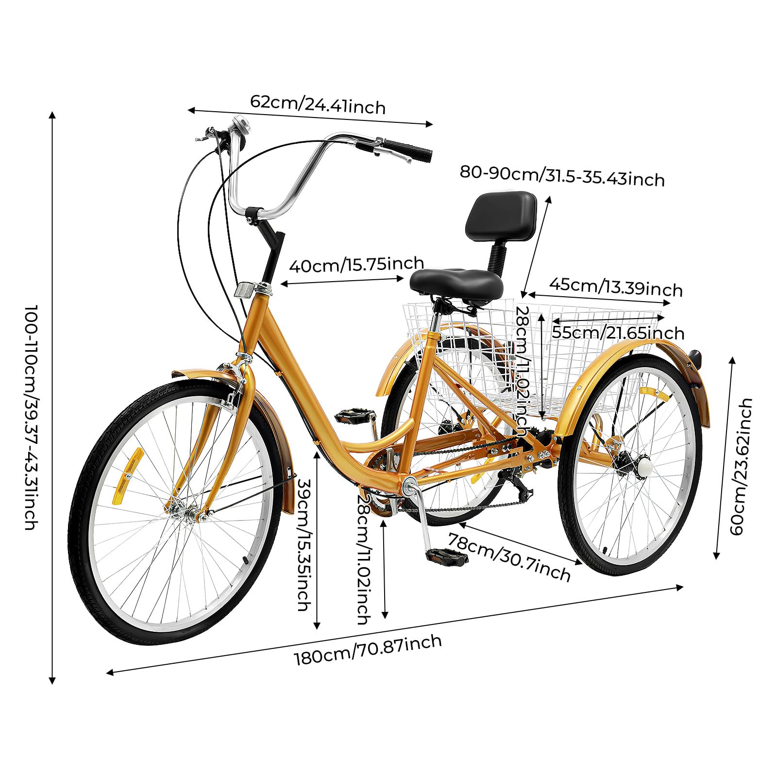 24 Zoll Erwachsenes Dreirad 6-Gang Verstellbares Trike Mit Einkaufskorb Dreirädriges Cruiser-Fahrrad Für Erholung Einkaufen Picknicks