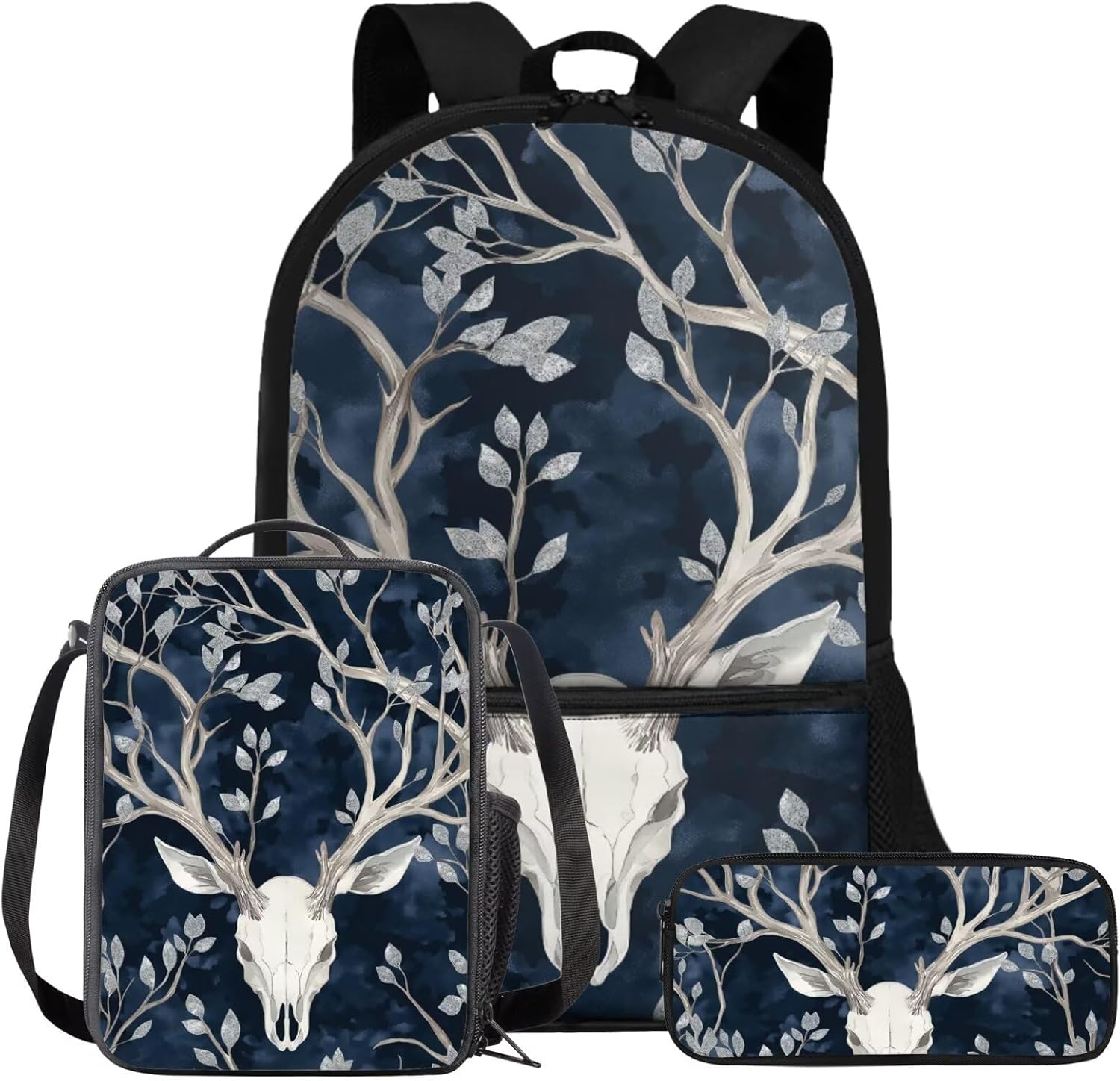 COEQINE Blue Elf Deer Flower Backpack for Girls 7-8 Cool School Backpack for Kids With Lunch Box Set Of 3 Pcs Travel Laptop Bookbag School Bags 17 Inch School Bag Set for Teen 3 In 1