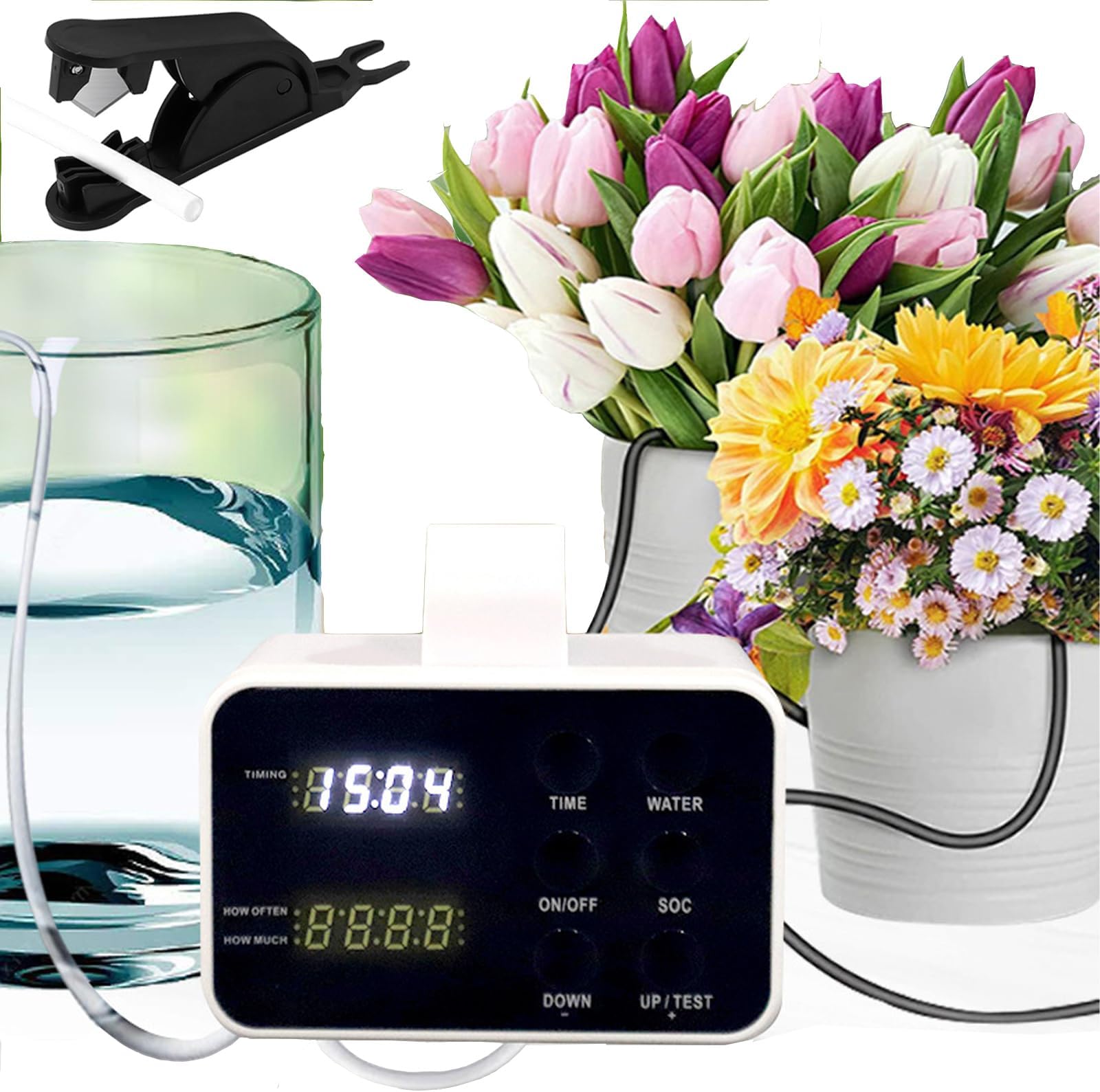 Automatic Plant Waterer, Indoor Drip Irrigation System with Timer, Plants Self Watering System for 15 Potted Plants, with Digital Programmable Timer, LED Display, Power Supply and a Pipe Cutter