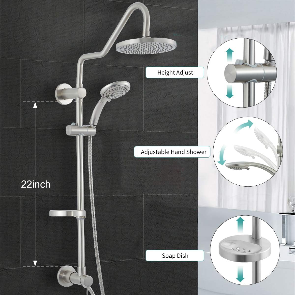 Bеѕt Dеаl Homedex Shower System with 8 Rain Showerhead, 6-Function Hand Shower, Adjustable Slide Bar and Soap Dish, 2.5 GPM, Polished Chrome (Bent Rod Matt)