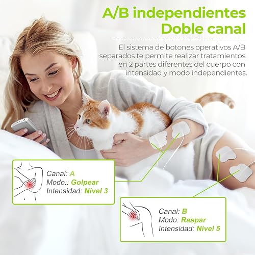 AUVON TENS EMS device, 2 channels and 24 modes, 3-in-1 stimulation device with 12 pieces 2 x 2 inch TENS electrode pads with patented design for pain relief and muscle building on the back, shoulders etc. - 5