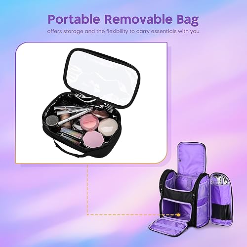 Miniatura 3 de BYOOTIQUE Mochila de maquillaje de lados suaves, portátil, organizador de almacenamiento de cosméticos de peluquería de viaje con aislamiento de