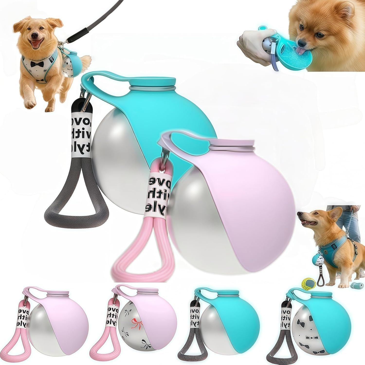 Portable Dog Water Bottle with Bowl,Dog Travel Water Bottle, Pet Travel Water Bowl for Walking,Buddy pup Water Bottle, 304 Stainless Steel Large-Capacity (287ml) (Blue+Pink)