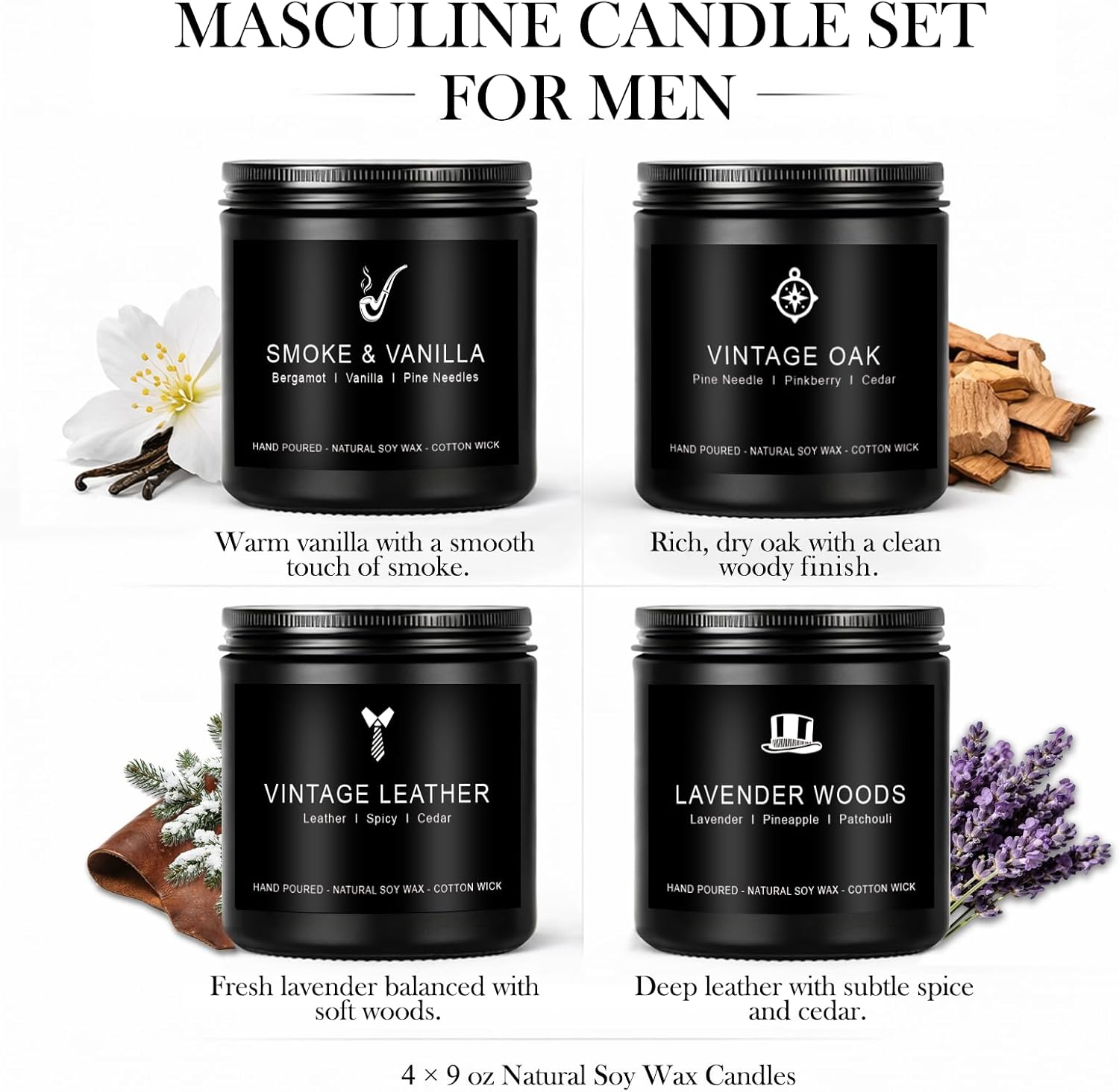 Scented Candles for Men Gift Set, Masculine Soy Candle Set with Leather, Smoke & Oak Scents – 4 Pack Manly Aromatherapy Candles for Home, Office & Relaxation Gifts for Him - Image 2