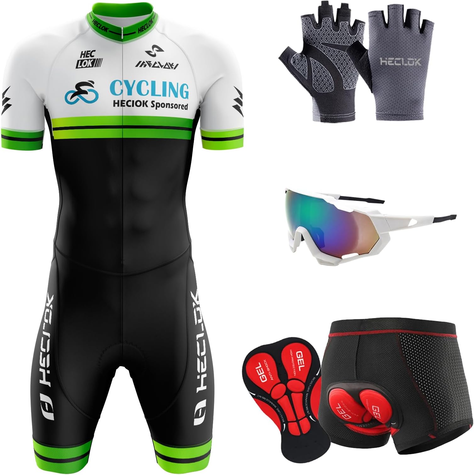 HECLOK Men's Cycling Skinsuit, One Piece Trisuit Road Bike ＋Cycling Short 5D Gel Padded,Cycling Undershorts Underwear