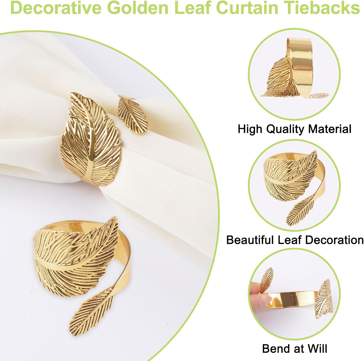 6pcs Curtain Tie Backs, Simple Elegant Large and Small Leaf Curtain Tieback DIY Decorative Holdbacks for Lightweight Gauze Curtains(Gold)