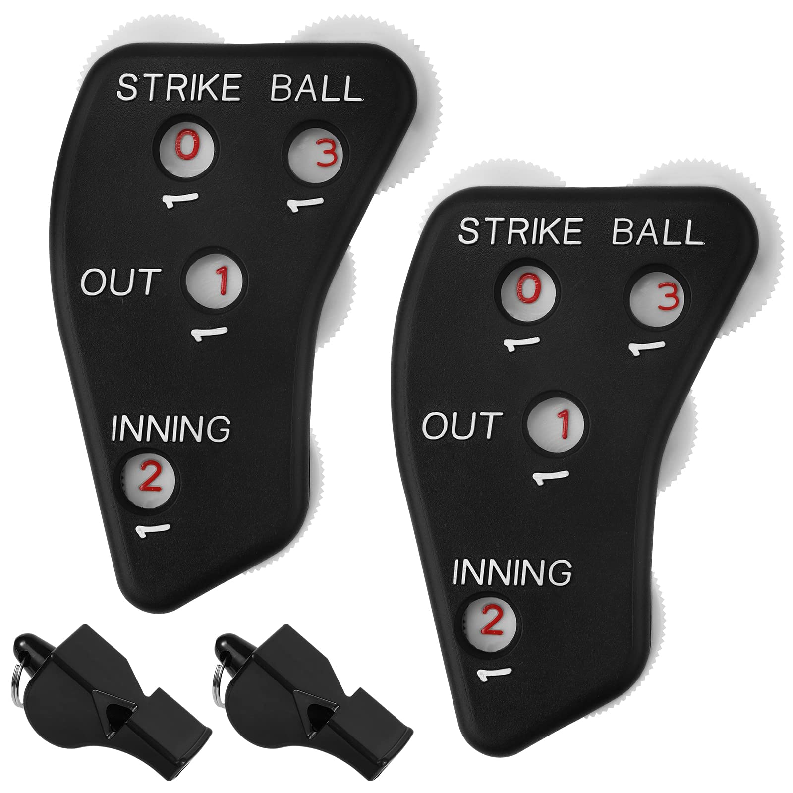 2PCS Baseball Umpire Clicker with 2PCS Referee Whistles, 4 Wheels Baseball Indicator Umpire Not Easy to Slide Counter for Softball Coach Umpire Scorekeeper Recording Outs & Innings Balls (Black)