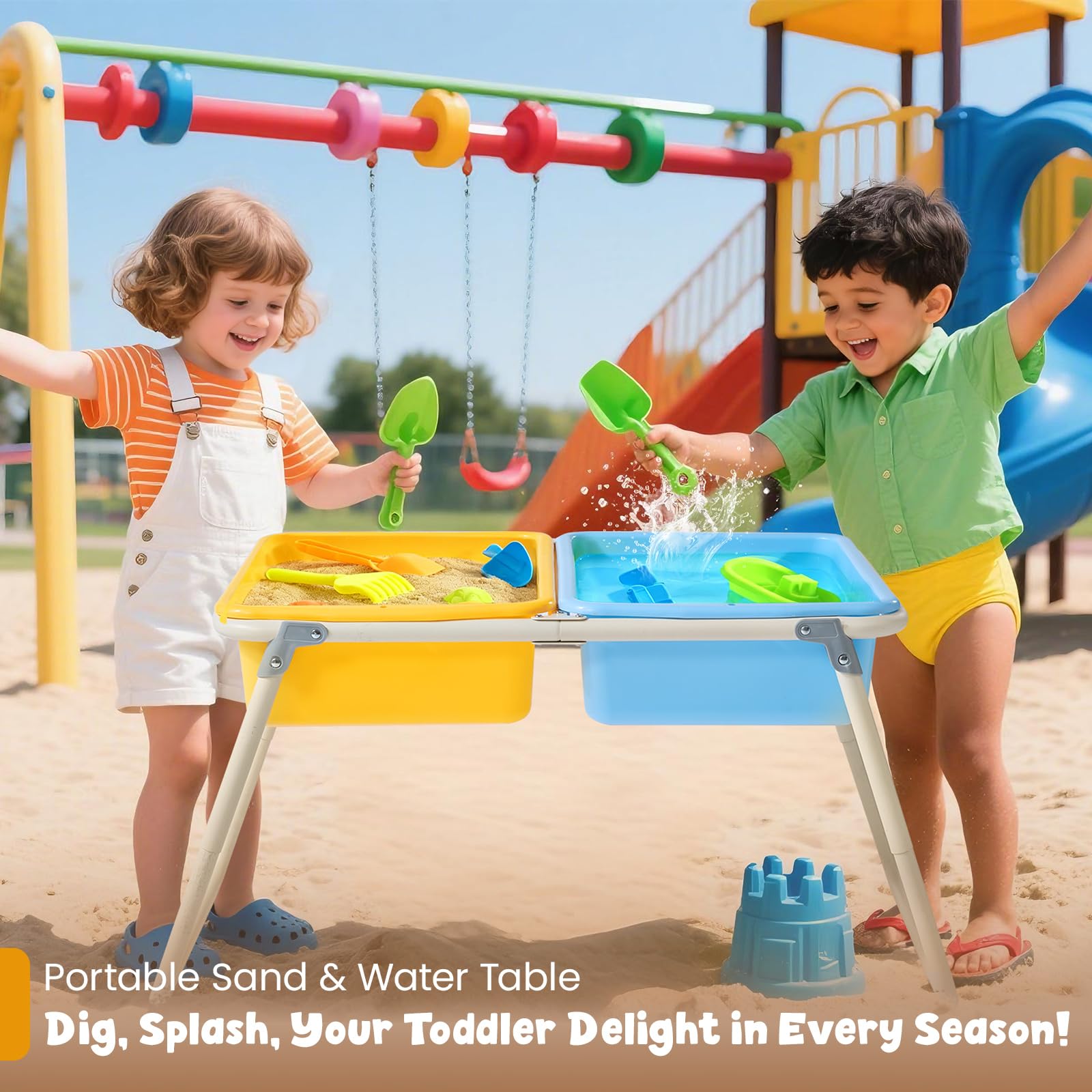 FUNLIO Table de Sable et d’Eau Pliante pour 3-6 Ans, Table Sensorielle pour Tout-Petits Réglable en Hauteur avec Housse Anti-Poussière, 2 Boîtes de Rangement & Accessoires de Plage, Portable