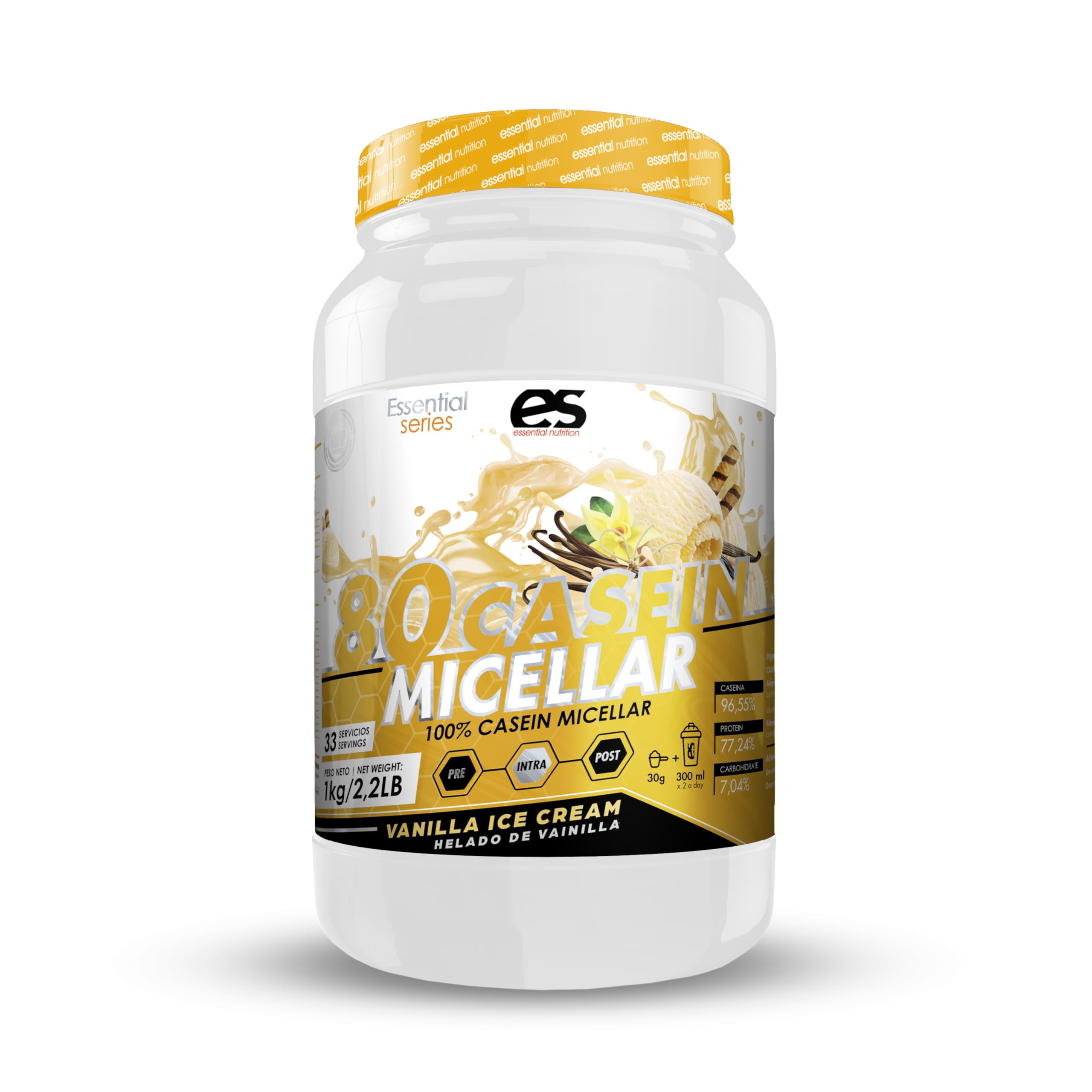 Caseína Micelar de Essential nutrition | Sabores: Fresa, fresa y platano, helado de vainilla y chocolate 1 kg = 30 Tomas por Envase (1 kg, Vainilla)