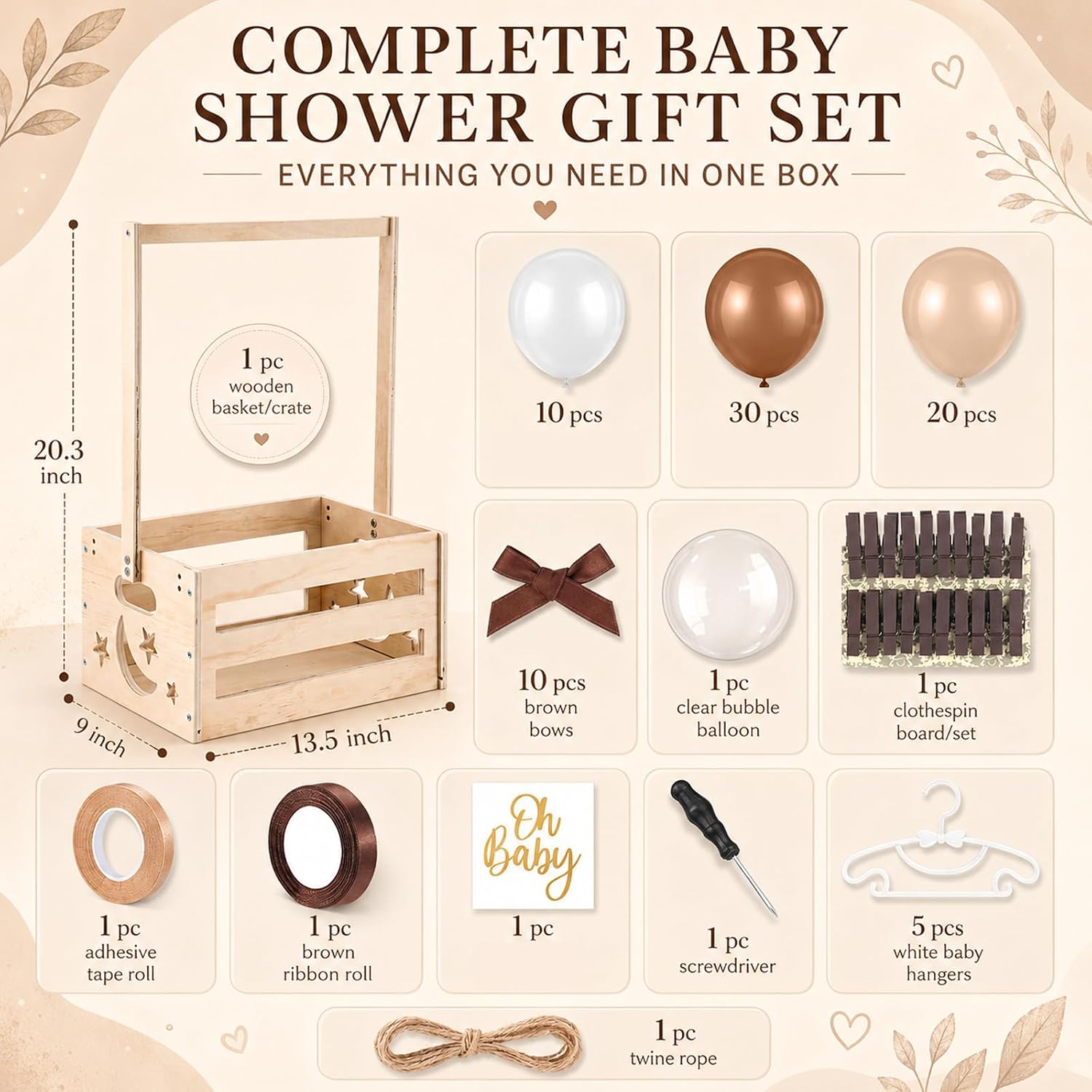 Wooden Baby Shower Crate Closet with Hanger Rack, Brown Bow Baby Gifts Basket with Balloon Accessories, DIY Babies Welcome Box for Pregnancy New Parent