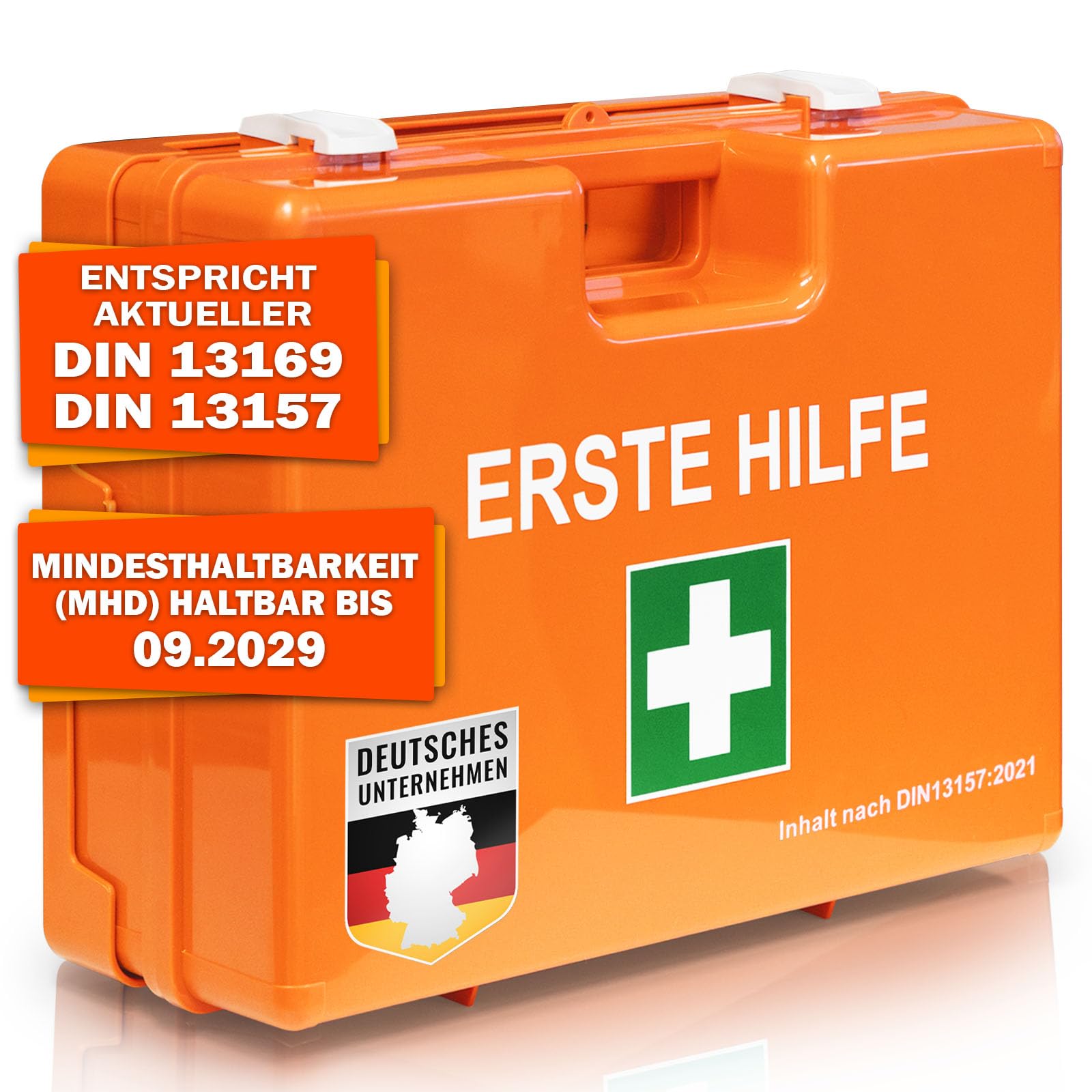 Floordirekt Erste Hilfe Koffer für Betriebe DIN 13157:2021 gefüllt inkl. Wandhalterung | 1 Hilfe Verbandkasten Set für Zuhause, Büros und Gastro, Notfallbox bis 50 Mitarbeiter (28 x 20 x 11,5 cm)