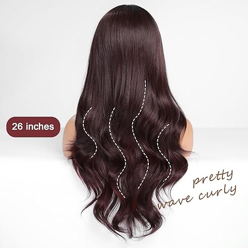 Miniatura 5 de EMMOR Peluca larga de encaje frontal marrón oscuro, mezcla de color burdeos, peluca rizada de onda negra natural, atada a mano, parte media, peluca