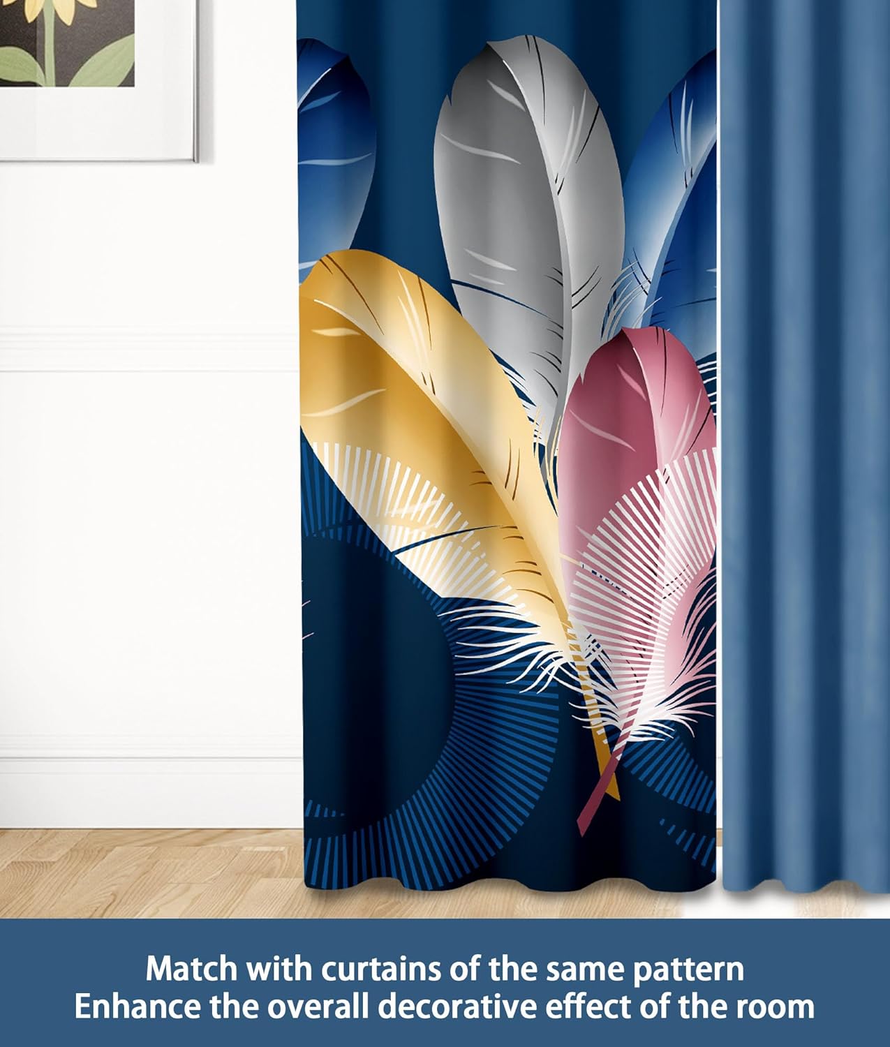 9 Pcs Queen Bed in A Bag with Curtains | Blue Feather Boho Bedspread, 2 Pillowcases, 2 Print & 4 Solid Curtains | Microfiber, Silky Soft | Bedroom, Rv Decor