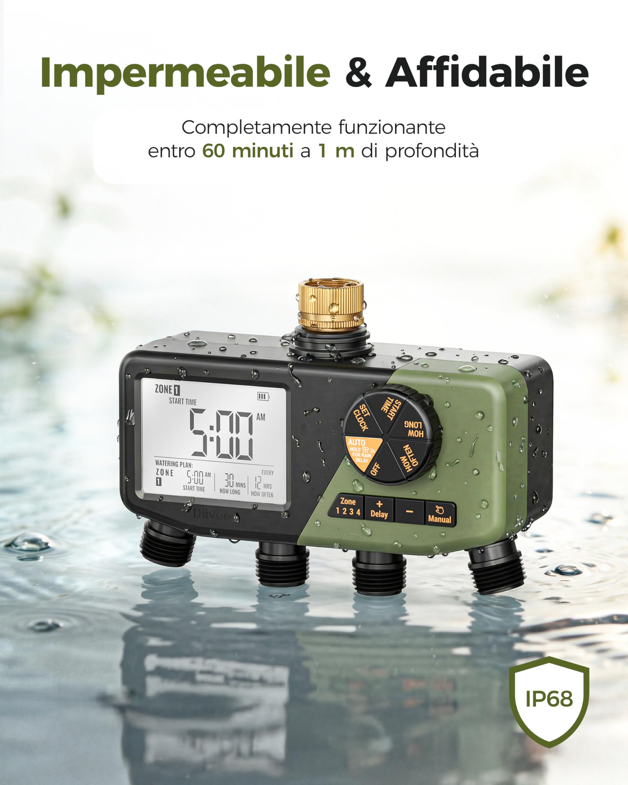 Diivoo IP68 Centralina Irrigazione 4 Zone con Ingresso in Ottone | Ampio Display LCD, Ritardo Pioggia, Irrigazione Manuale, Adatto per Prato e Giardino