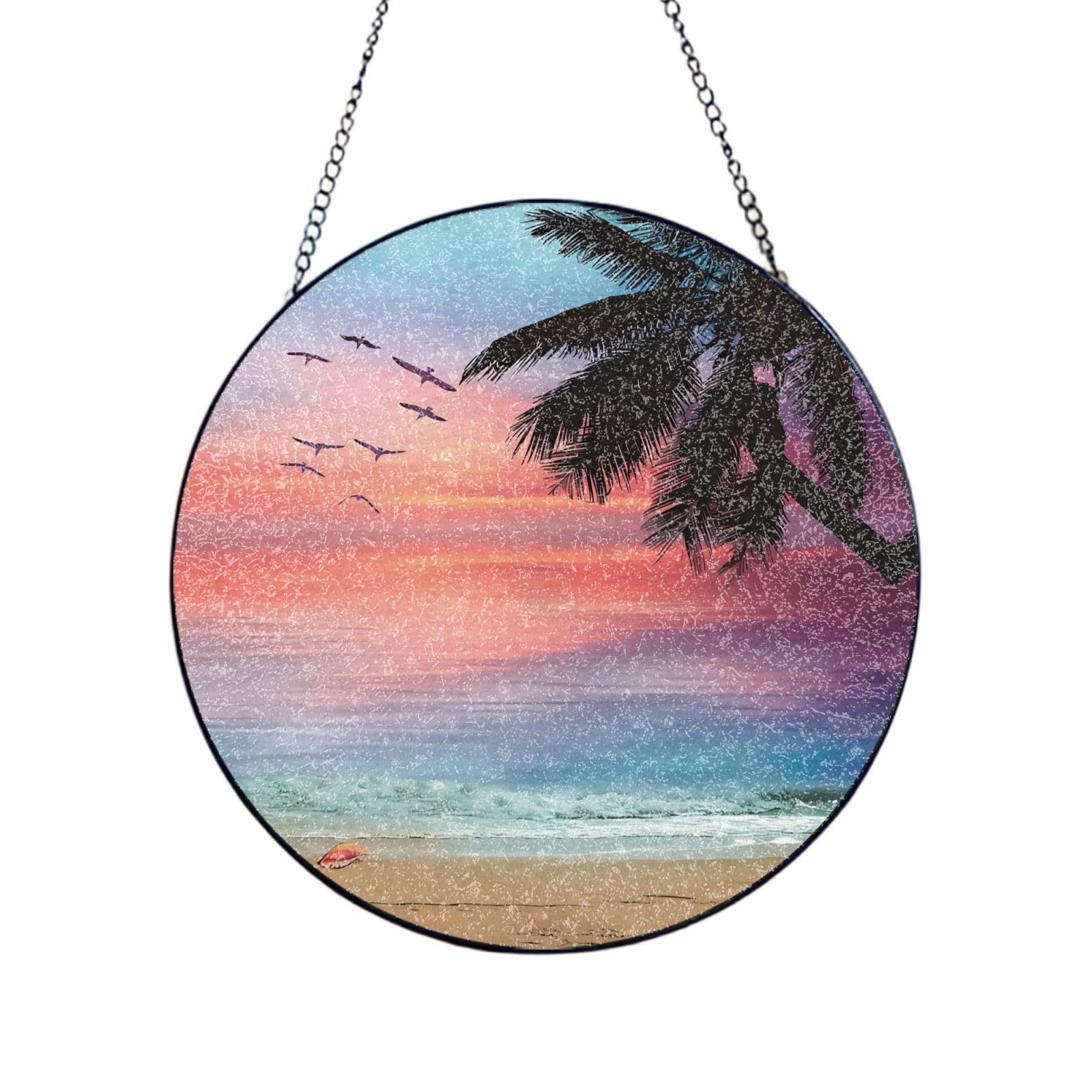 Phayah Coconut Palm Tree Sandy Beach Print Glass Window Hanging Round Suncatcher Glass Ornament Garden Wall Fence Decorations Indoor Outdoor 12in（30cm）