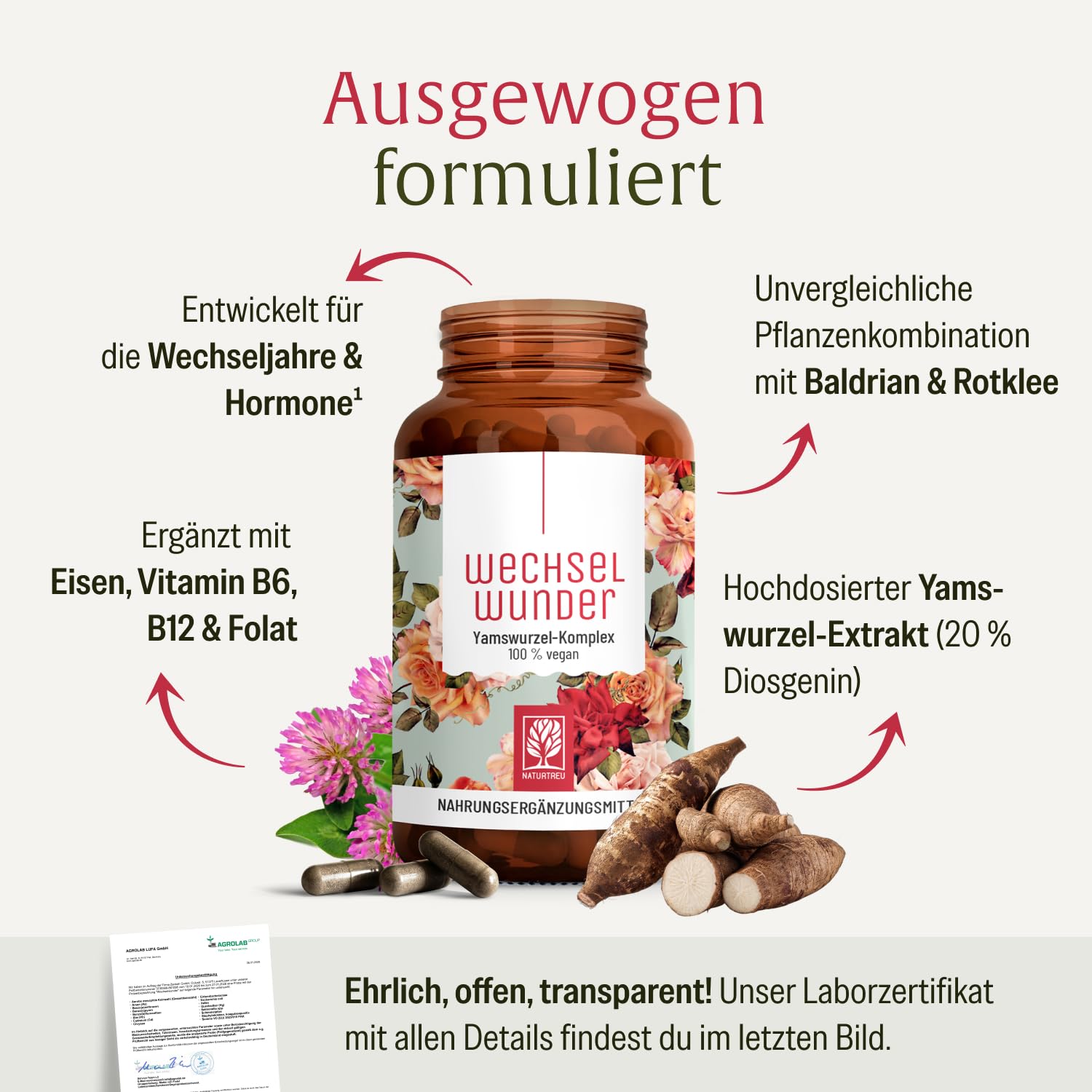NATURTREU® WECHSELWUNDER - 500mg Yamswurzel mit 340mg Rotklee, Baldrian, Eisen, Vitamin B9 und B12 Kapseln hochdosiert - 90 Kapseln