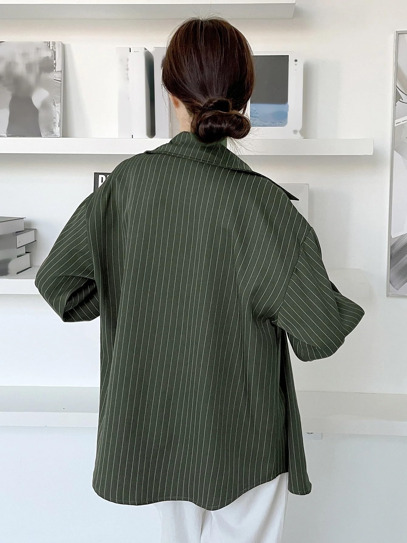 GRECIILOOKS Gestreiftes Damenhemd, koreanischer Stil, langärmelig, Übergröße, Knopfleiste, Bluse, Übergröße, für Büro, Freizeit