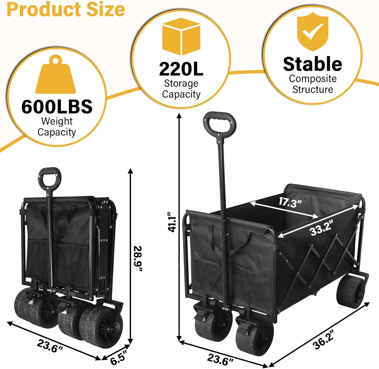 Foldable Wagon Cart with Wheels, Heavy Duty Collapsible Wagon, acity,