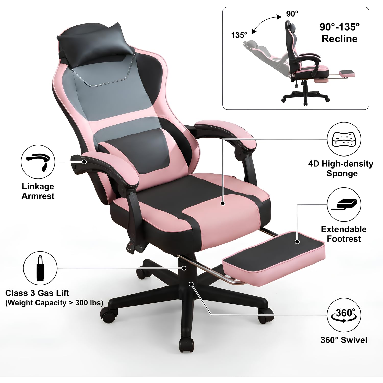 Gaming Stuhl mit Fußstütze, Ergonomischer Bürostuhl mit Verstellbarer Lendenstütze und Kopfstütze, Höhenverstellbarer Drehstuhl mit Wippfunktion, PC Stuhl für Home Office, Büro und Gaming