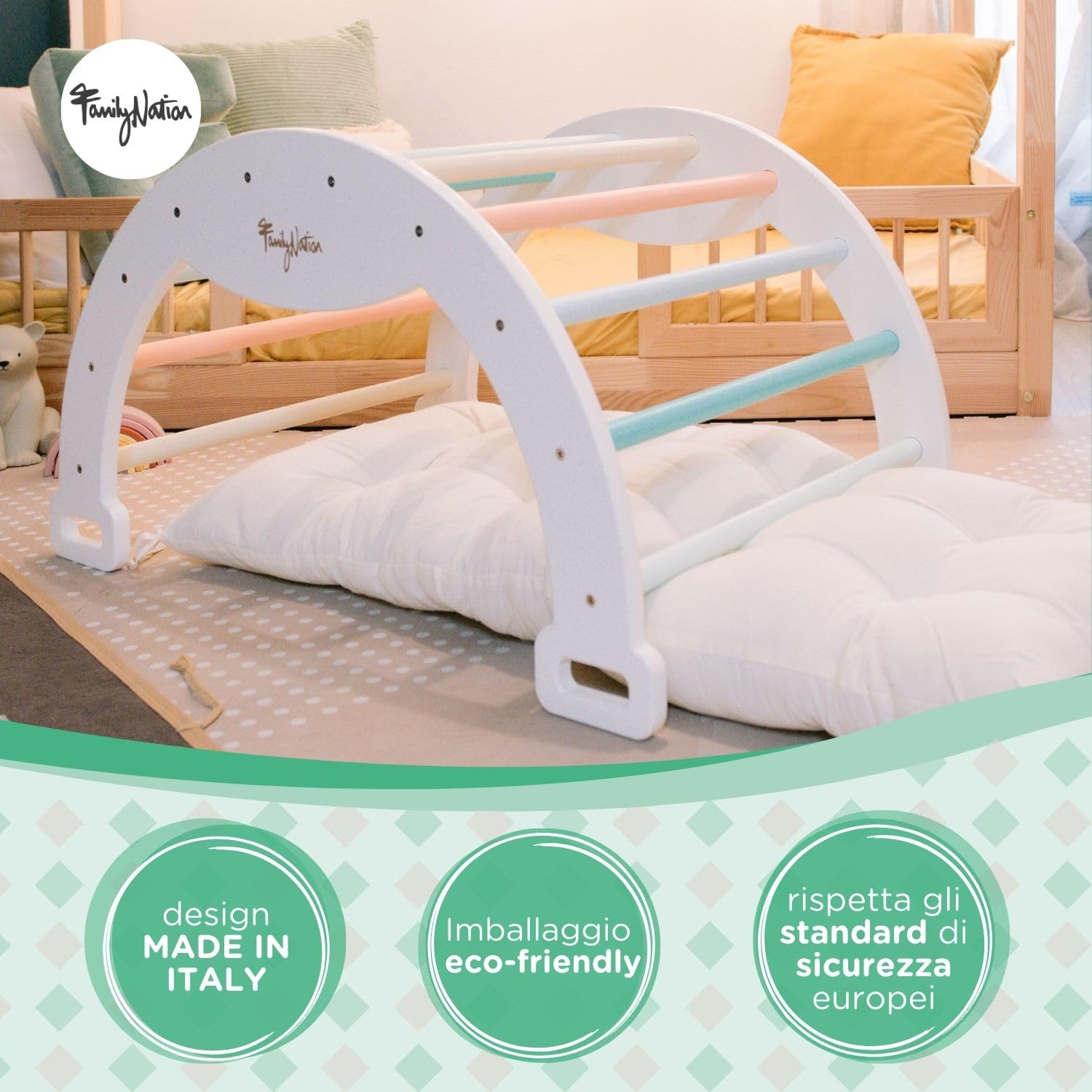Family Nation, Cuscino per Arco Montessoriano Rainbow da Arrampicata, per Bambini da 6 Mesi di Età, in Lana di Peluche, Lavabile in Lavatrice, 94x44x8 cm