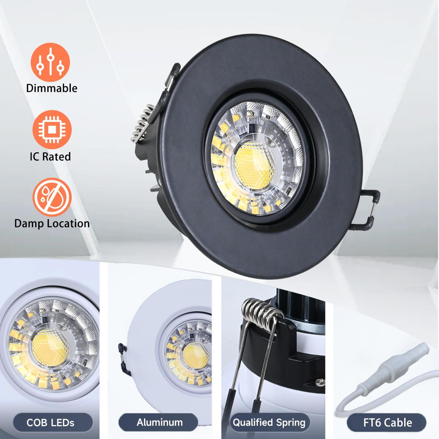 ZYC 3 Inch LED Recessed Lighting - 6 Pack Spotlight Recessed for Ceiling,3 Inch Gimbal LED Recessed Light,8W 850LM Dimmable ETL,Black Trim, 2700K/3000K/3500K/4000K/5000K,3BK-GIMR-6PIII