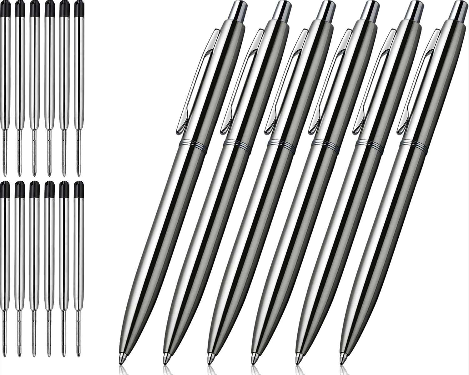 ChaoQ 6 szt. chowanych metalowych długopisów, na prezent, biznes, biuro, średni atrament 1,0 mm, 12 dodatków wymiennych metalowych wkładów - stal nierdzewna