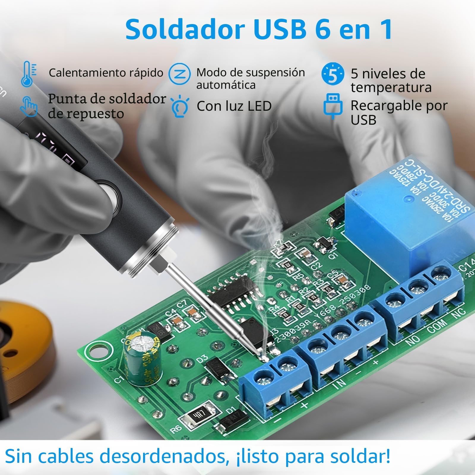 diymore Kit de soldador de batería USB-C, juego de soldador inalámbrico con pantalla LCD, temperatura ajustable de 5 velocidades 260℃-420℃, con 3 puntos de soldadura para proyectos de reparación y