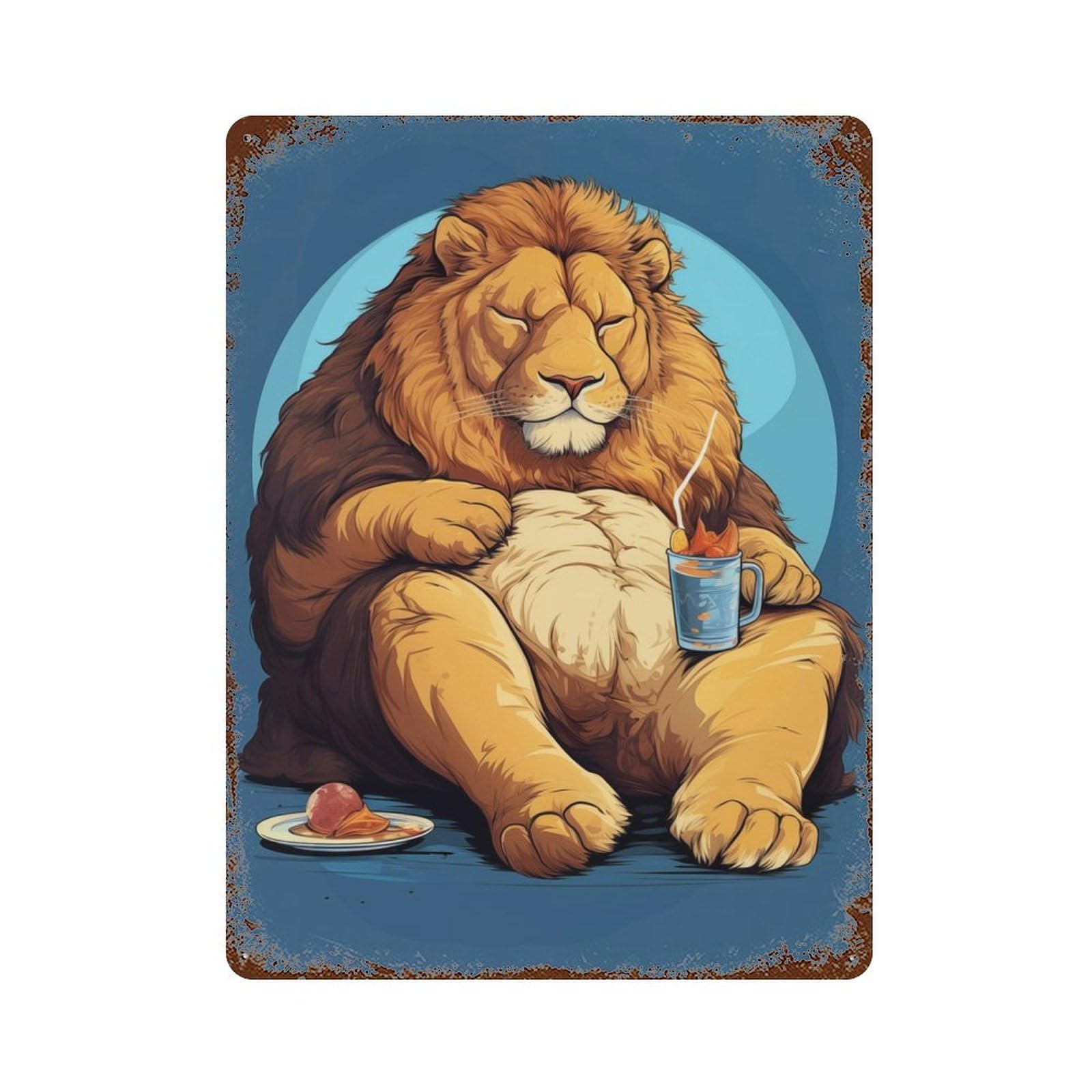 Rust Effect Fat Lion Funny Animal Rusty Metal Tin Sign 15.7"x11.8", Old School Wall Decor for Pub, Kitchen And Man Cave Decor