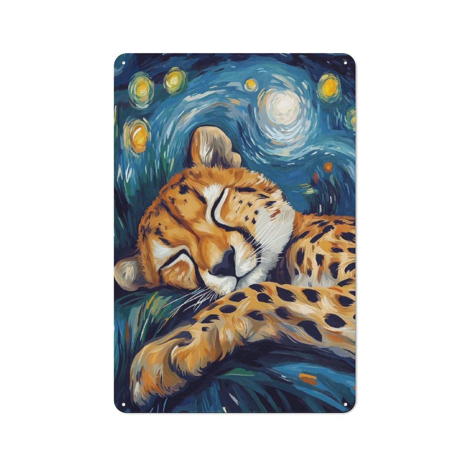 Classic Cheetah Sleeping Under Starry Night Metal Wall Art Sign 30x20cm, Vintage Wall Decor for Lounge, Study, Pub Or Wall Gallery