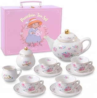 Giggle & Honey® White Floral Tea Party Set for Little Girls | Porcelain Kids Tea Set with Carry Case, Teapot Cups & Saucers, Princess Tea Time Birthday Gift for Girls Ages 3-8