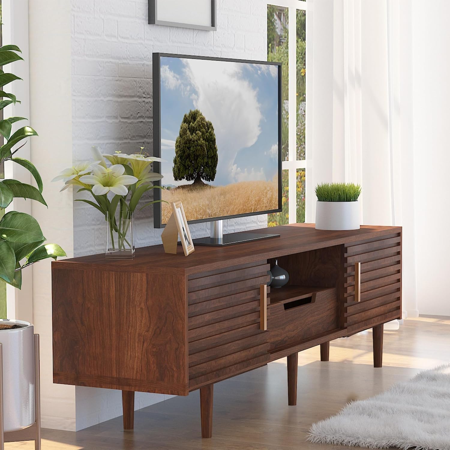 Whalefall Mid Century TV Stand for 65+ Inch TV, Entertainment Center with Sliding Door, Drawer, Storage Shelves, Mid Century Modern Media TV Console, Boho Television Stand for Living Room (59",Brown)