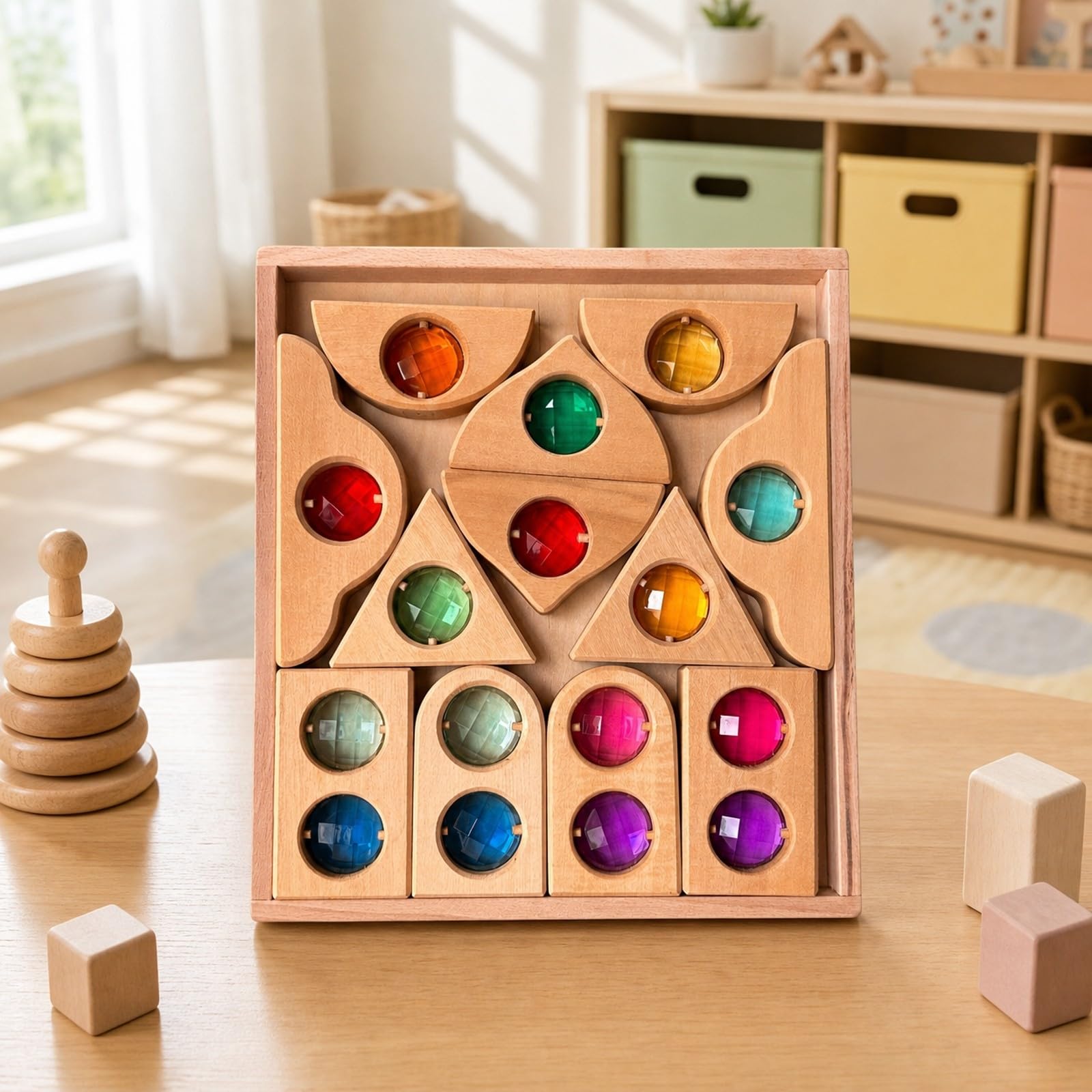 Almencla Blocchi da Costruzione Sicuro Giocattolo | Didattico, Blocchi Traslucidi con Vassoio, Educativo, Gioco di Forme in Legno, per Scuola Dell'infanzia, Cameretta, Educatori, Stile B