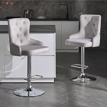 Swivel Adjustable Bar Stools Set of 2 Velvet Upholstered Counter Height Barstools with Back Modern Bar Chair with Chrome Base Footrest for Kitchen Island/Bar Pub/Dining Room, Light Grey