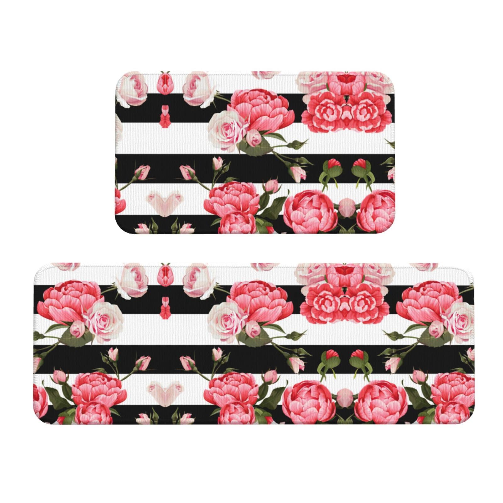 Tapis de cuisine absorbants lot de 2 rayures noires et blanches et fleurs pour sol