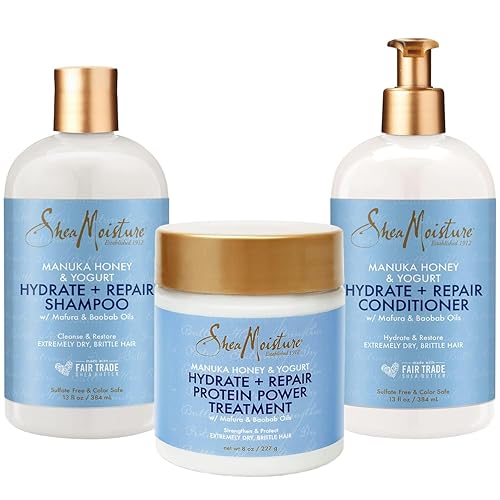 Miniatura 1 de SheaMoisture Manuka Honey & Yogurt Hydrate + Repair Bundle - Champú y acondicionador + tratamiento proteico para cabello seco y dañado (juego de 3