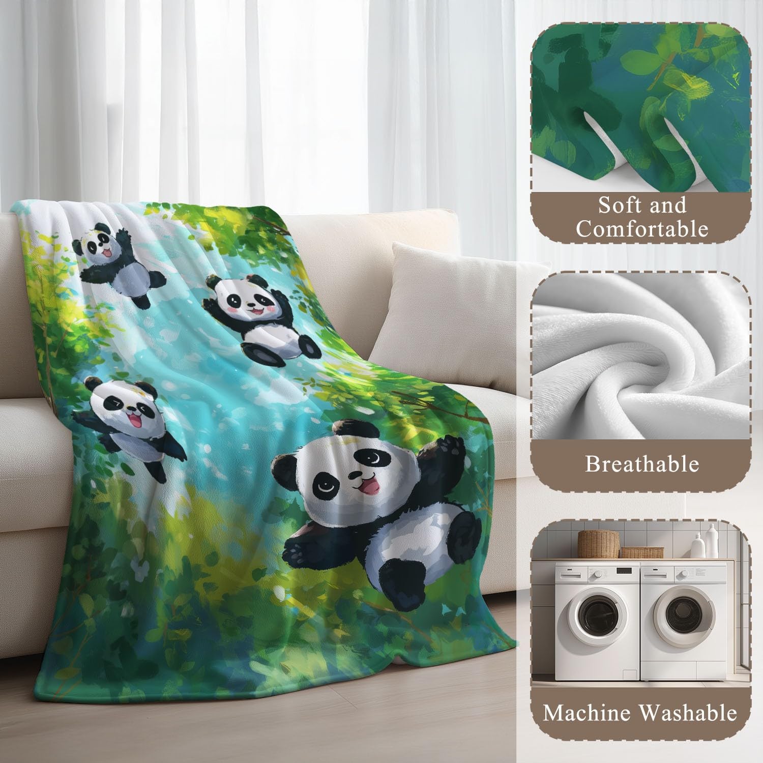 Wielokolorowy, miękki koc flanelowy, spokojna, urocza panda, super ciepły koc polarowy, wysokiej jakości, wygodne runo, na sofę, łóżko i salon, 180 cm x 200 cm