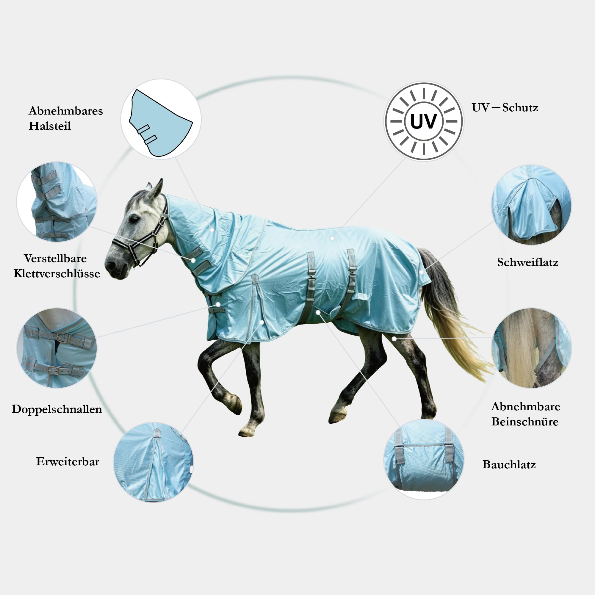 Manta antimoscas para caballos con parte del cuello, transpirable, ligera y resistente al desgarro, color azul, 155 cm
