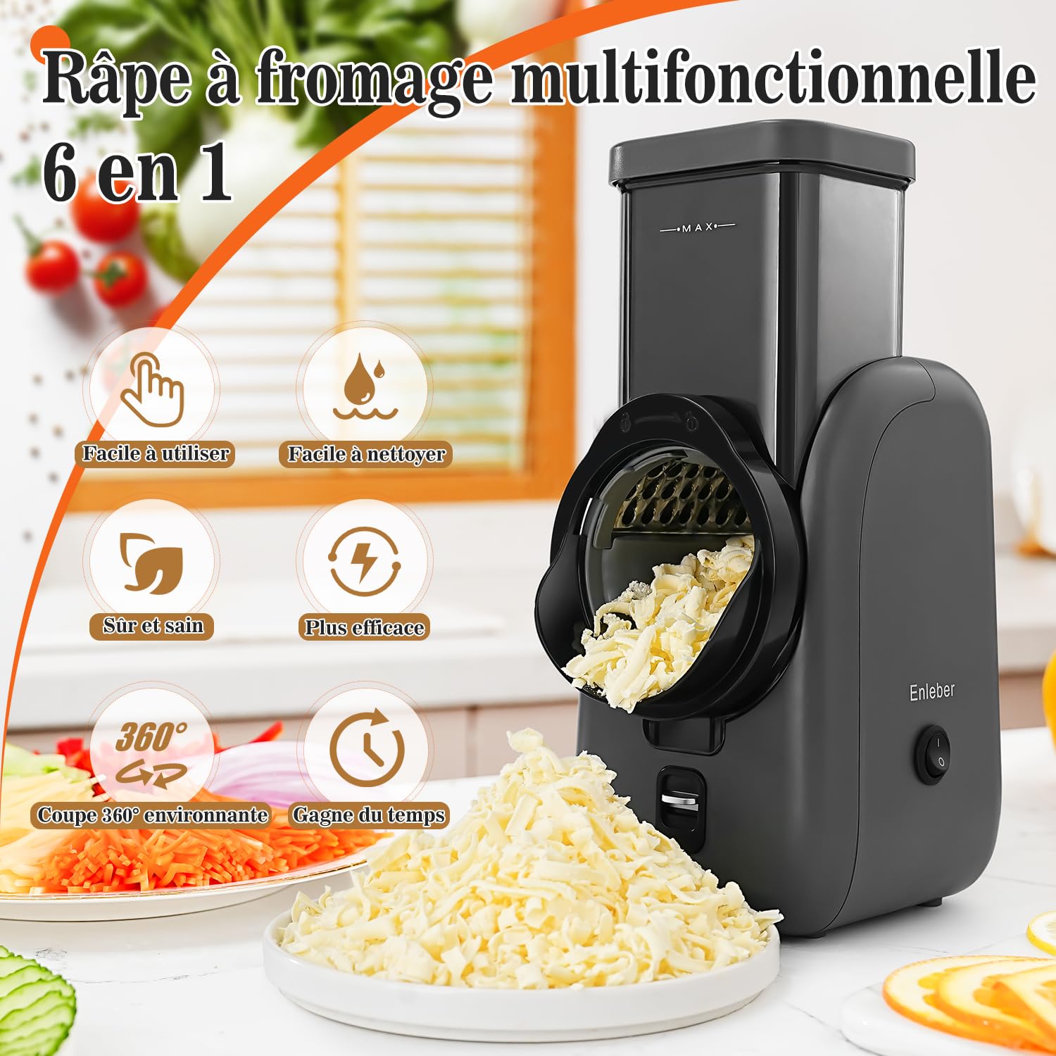 Découpe-légumes électrique, Râpe a Légumes Électri,Râpe de cuisine électrique,Hachoir multifonctionne découpe legumes facilment, fromage, carottes, chocolat,gris-noir
