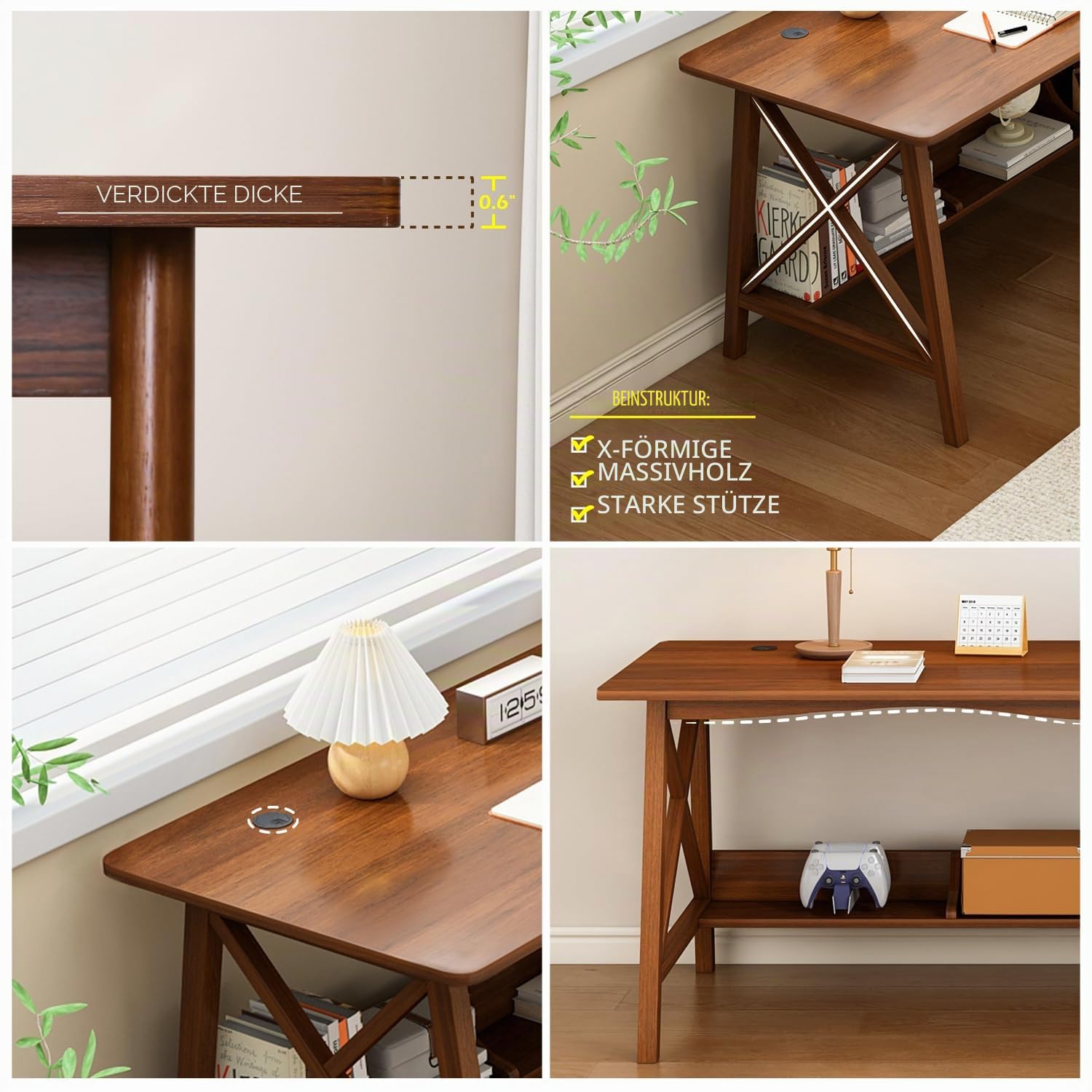 NELYE Holz Langer Schreibtisch mit Regal - 120 x 40 cm Stabiler PC-Tisch