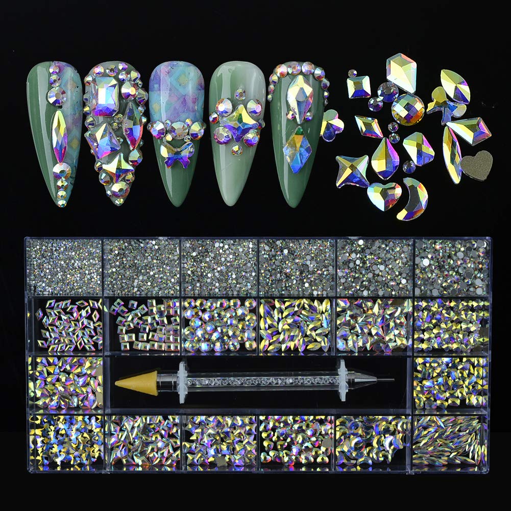 MELINDS 1000Pcs Multi Shapes AB Crystal Nail Art Rhinestones Kits 3D Flatback Round Bead Iridescent Gems Jewelry Diamond Stone with Tweezer or Wax Pen for Manicure DIY Craft Decoration