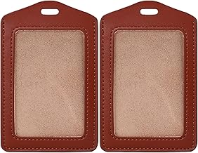 JSMSH Leather Clear ID Window ID Badge Holder ID Card Holder (Brown, 11 X 7 cm) Vertical, Pack of 5)