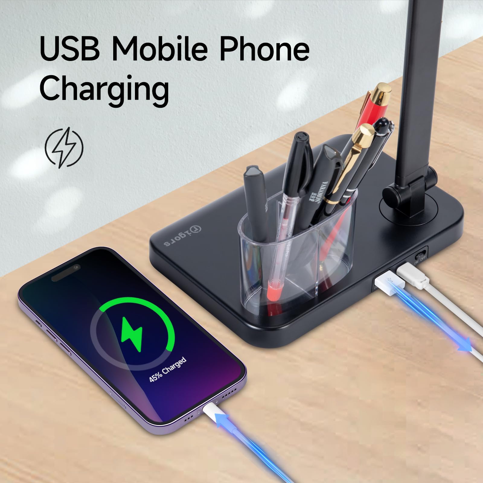 rigors Lampada da Tavolo Doppia Testa con Adattatore, 10 livelli di luminosità 5 modalità di illuminazione, Lampada da Scrivania con porta di ricarica USB e Timer 45 minuti per Ufficio, Monito