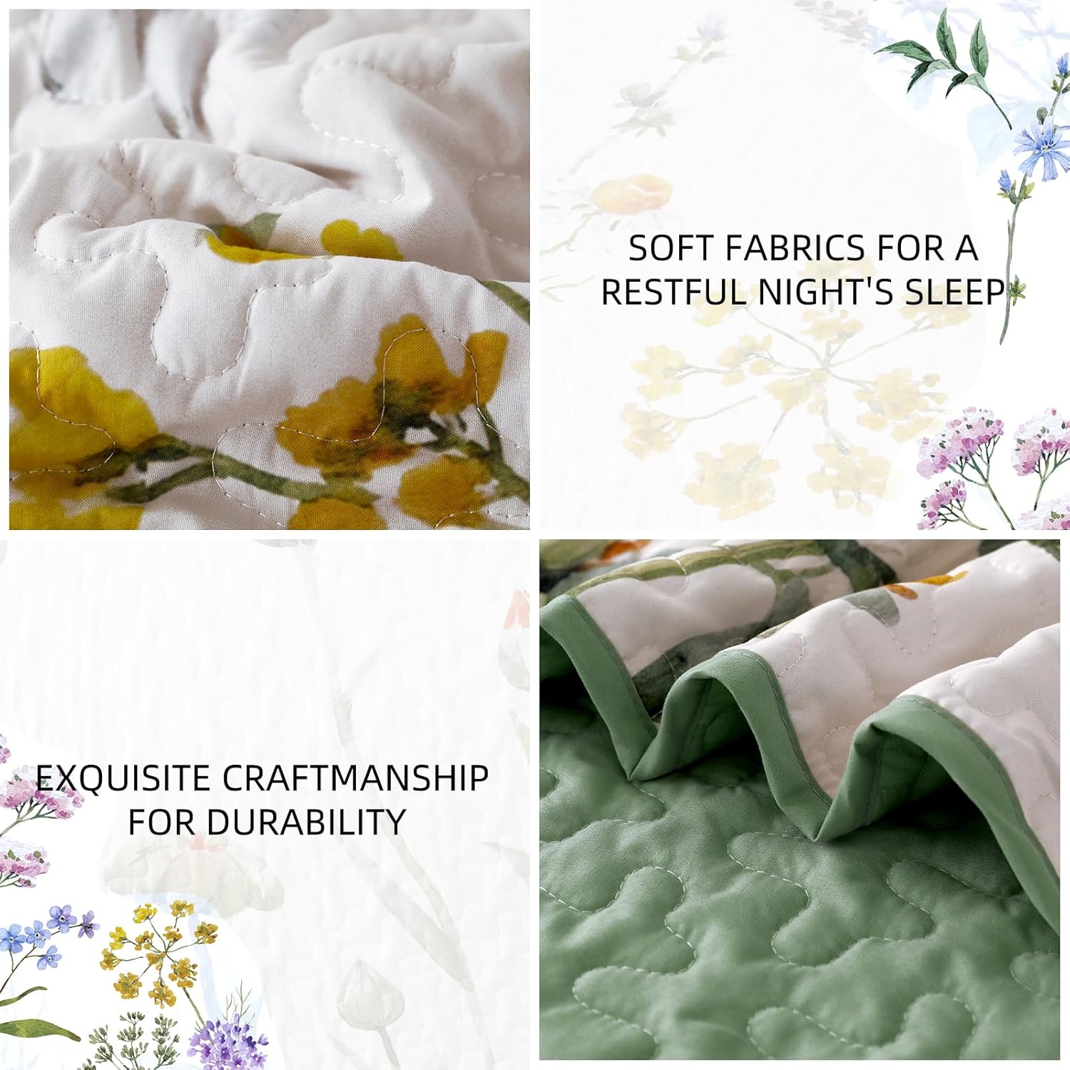 Dobuyly Floral Quilt Set Queen Size, Green Yellow Botanical Flower Quilt Bedding Set 3 Pieces, Soft Lightweight Microfiber Bedspread Coverlet Set for All Season, 96"x90" - Image 6
