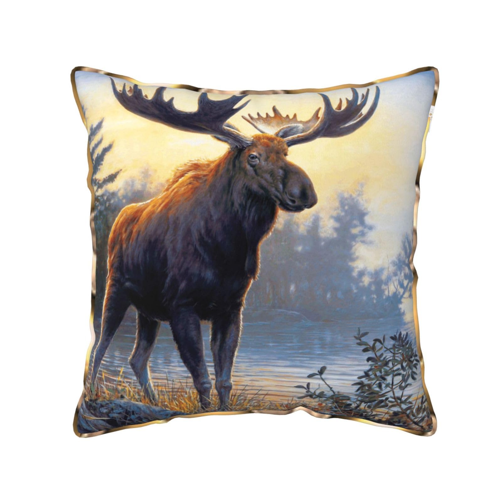 AUBKFELD Moose Deer Printed Velvet Cushion Cover 45x45 CM with Gold Edging Strip, Square Pillowcase Soft Throw Pillow Covers Case Decorative for Living Room Sofa Couch Bed Bench